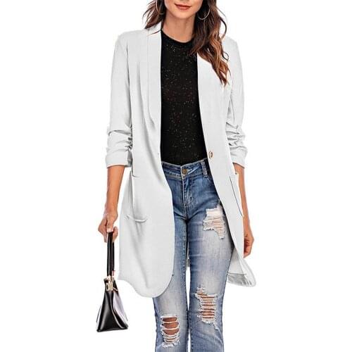2021 Office Lady Blazer Solid Color Pockets Autumn Winter 3/4 Sleeve One Button Midi Blazer for Working Women Blazer