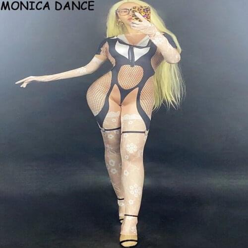 Women Men Sexy Necktie Pattern Short Sleeves Jumpsuit Gloves White Leggings Bar Singer Outfit Prom Women Men Dancer Jumpsuit