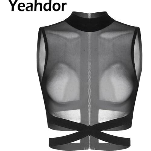 Womens Sexy Sleeveless Sheer Mesh Tanks Top Summer Tank Women Round Neck Tops Zipper Back Elastic Strappy Criss Cross Crop Tops