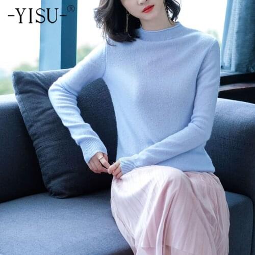YISU Women Half turtleneck Sweater Autumn Winter Warm Tops Solid color Long sleeve Knitted pullover Casual Simple Female Jumper
