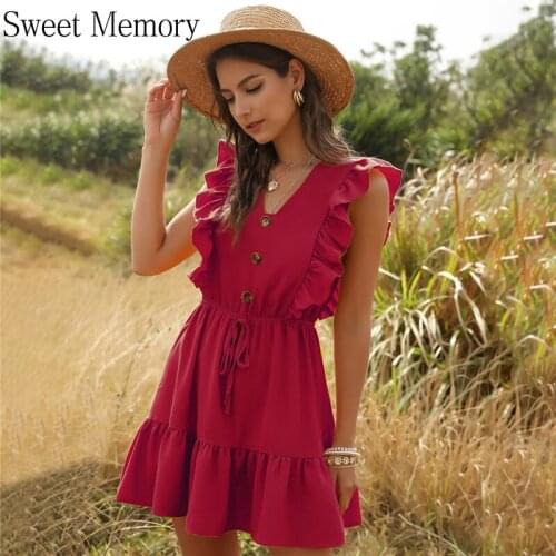 Sweet Memory Yellow Pink Green 2021 Summer Casual Lace Up Short Dresses Street Style Button V-neck Solid Above Knee Mini Dress