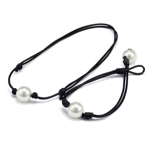 Women Single Pearl Leather Choker Necklace on Genuine Black Leather Cord Pendant jewelry
