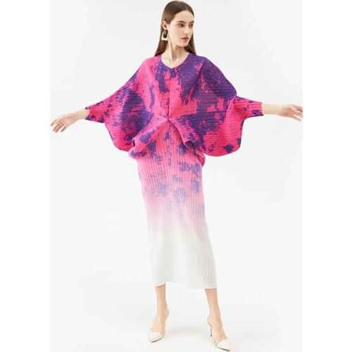 2021 Spring Summer Miyake Pleated Women Dress Bat Sleeve Plus Size Dress High Fashion Chinese Vintage Style Aesthetic Clothes