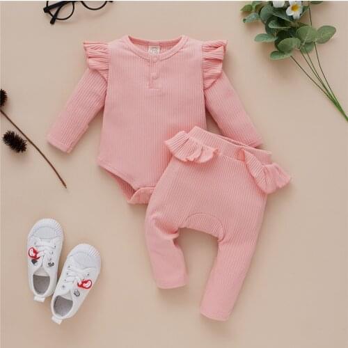 0-12 Months 2Pcs Baby Girls Outfit Newborn Solid Color Long Sleeve Ruffle Romper + Patchwork Pants Set Autumn Clothing