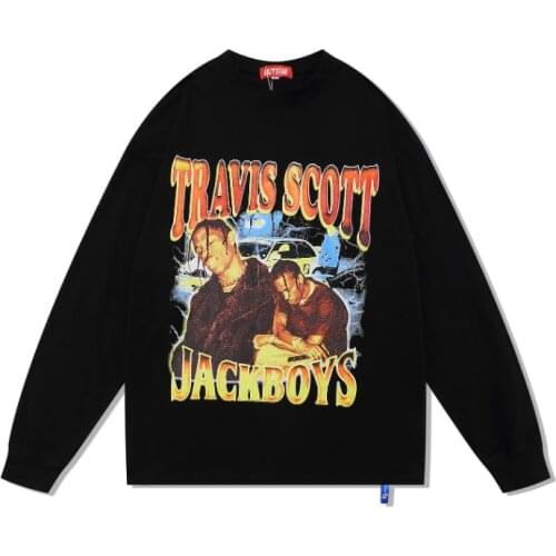 2021 Dark Streetwear Black Retro Men T Shirt Travis Scott Hip Hop Long Sleeve Punk Vintage Clothes Women Tshirts Oversize Homme
