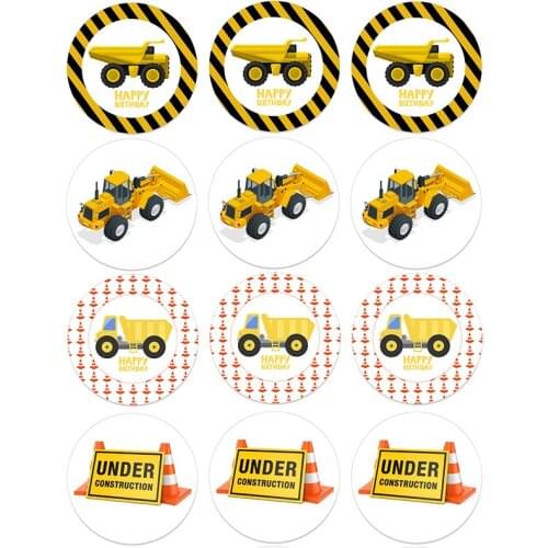 24/48pcs Boy Birthday Party Excavator Car Construction Trucks Stickers Cupcake Gift Box Invitation DIY Decorations Kids Label