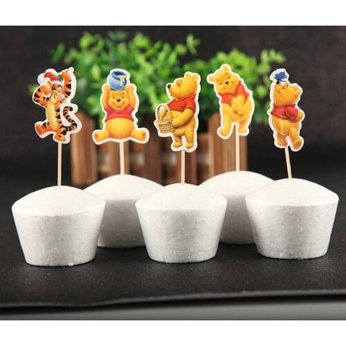 24pcs Winnie The Pooh Theme Cupcake Toppers Cake Flag Birthday Decorations Kids Birthday Party Baby Shower Cake Decor Supplies