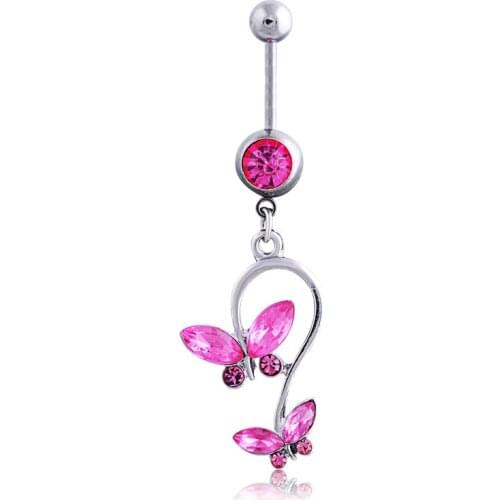 316L Surgical Steel 14g 7/16" Crystal Butterfly Dangle Navel Ring Belly Barbell Piercing