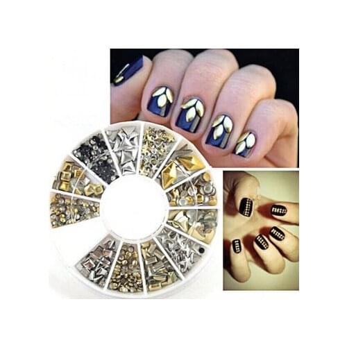 50% OFF***400Pcs/BoxNail Studs Gems Metal Nail Art 3D Decorations Nailart Designs Silver Gold Black Metal Studs Manicure 12shape