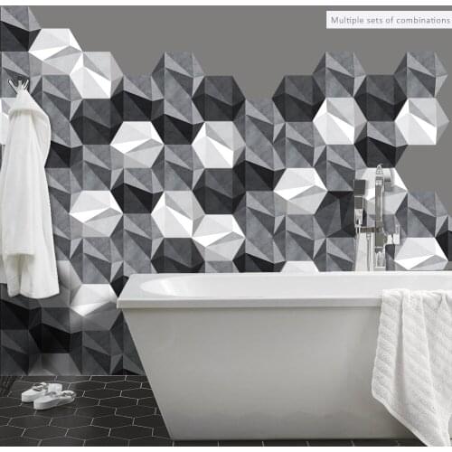 10pcs Hexagon Abstract Floor Stickers Anti-Slip Tile Decals Black White Gray Waterproof Self-adhesive Wall Stickers for Bathroom