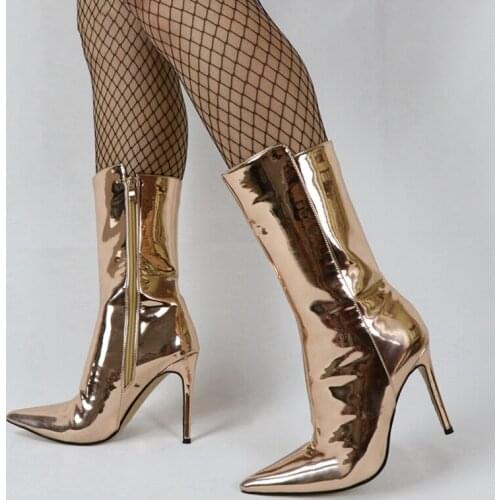 DOBANER SUPER Women Ankle Boots Pointy Toe Side Zip Shiny Thin High Heels Booties Handmade Shoes Woman Plus Size 43 44 46 47