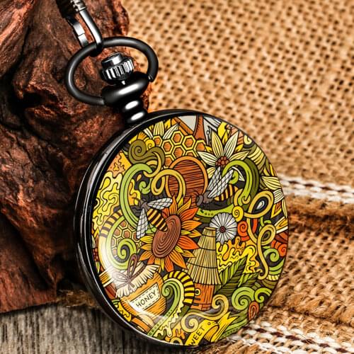Unique Bees Honey Pattern Painted Pocket Watch Men Women Pendant Necklace Chain Alloy Vintage Clocks Gift for Friend Kid Relogio