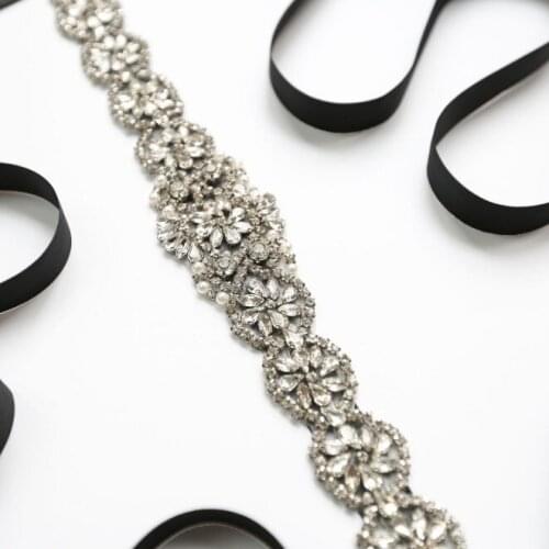 Black Crystal Pearl bridal belt with Ribbon Silver Wedding Belt Rhinestones Bridal Sash For Wedding Party Prom Evening Dress