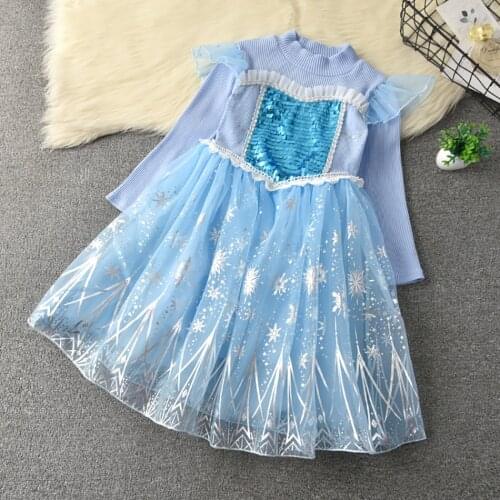 VOGUEON New Knitted Long Sleeves Snow Queen Elsa Dress For Girls Birthday Party Cosplay Princess Costume Kids Elza Vestido Child