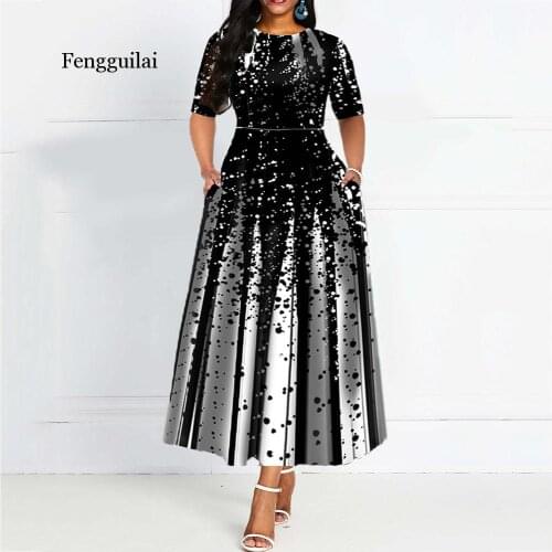 Print Long Party Dress Fashion Half Sleeve A-Line Draped Elegant Women Dress Ladies Slim Dress robe de soiree