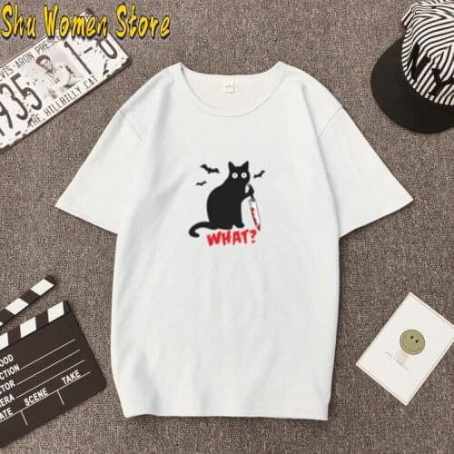 Black Cat What Tshirt Murderous Cat Knife Women Funny T Shirt Short Sleeve Halloween Tops Tees Femme Camisetas Verano Mujer 2021