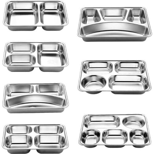 Stainless Steel Divided Dinner Tray Lunch Container Food Plate for School Canteen 3/5/4 Section 95AA