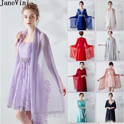 JaneVini Summer Chiffon Bridal Shawls Lace Beaded Wedding Cape Boleros Tassel Elegant Bride Wraps Stoles Stola Chalas Mujer Chal