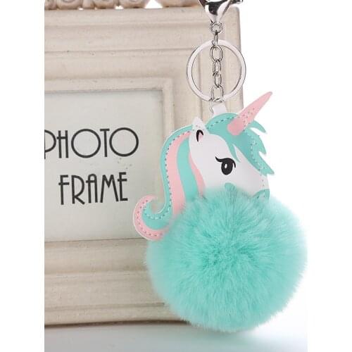 Metal Key Ring Cute Cartoon Colorful Hair Ball Unicorn Keychain Women Girl Shoulder Bag Holder PU Horse Toy Keychain 8C0122