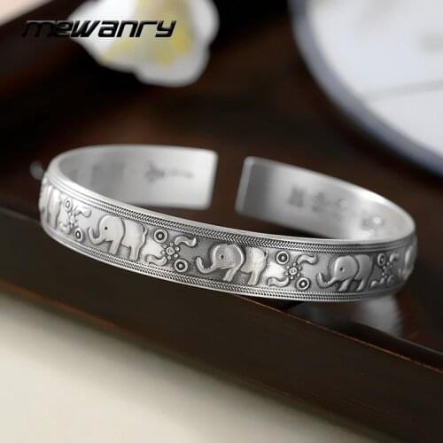 Mewanry 925 Sterling Silver Bracelet INS Fashion Vintage Elegant Creative Design Elephant Pattern Wide Bangle Party Jewelry Gift