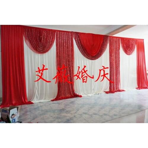 Fashion Hot red and white Wedding Backdrops with Swag Drapery Curtain of Wedding Background decoration with sequin