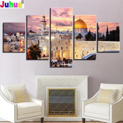 5d DIY Diamond Painting Jerusalem Modular Pictures 5 Panels Islam Islamic City Poster Mosaic Square/Round Drill Embroidery Gift