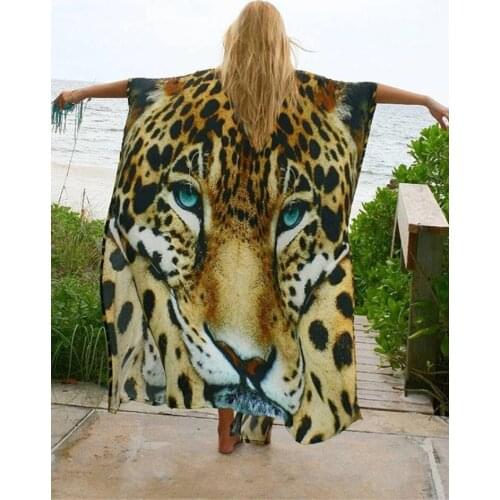 Bikini Cover-Ups Sexy Tiger Pattern Print Kimono 2021 Robe Plage Swimsuit Cover Up Boho Loose Long Cardigan Beachwear Tunics
