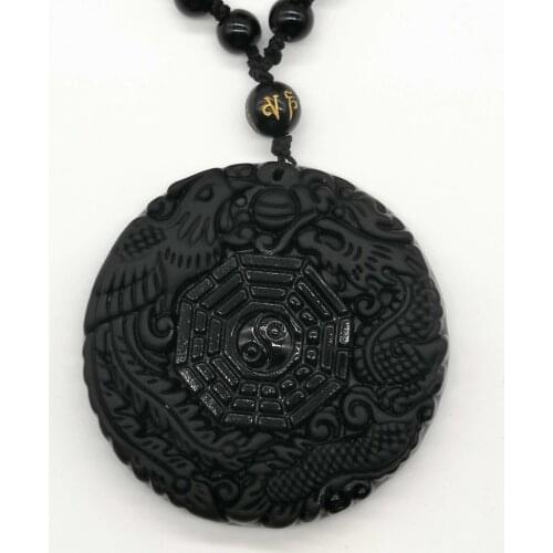 Natural Black Obsidian Hand Carved Chinese Dragon Phoenix BaGua Lucky Amulet Pendant Free Necklace Fashion Fine Jewelry