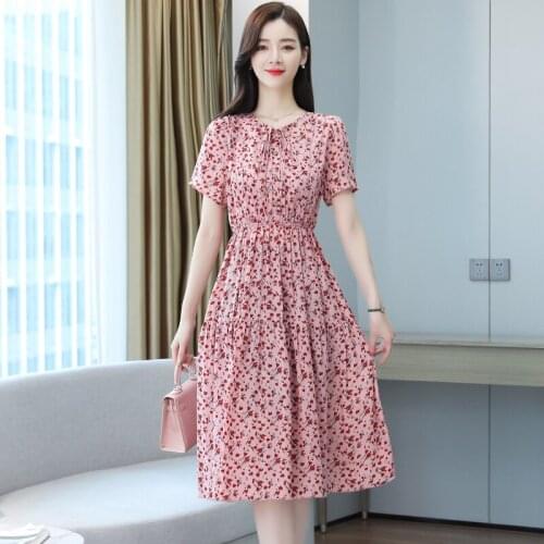 Summer The New Short sleeve Floral Chiffon Dress O Neck Womens fashion plus size Dress vintage dress