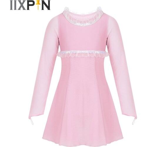 Girls Figure Ice Skating Dress ballet Leotard Dress Long Sleeves Sequins Ruffles Trimming Roller Skating dress Ballet Dance wear