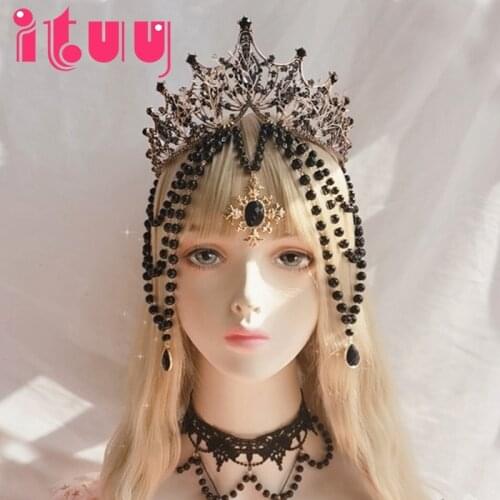 Lolita Gorgeous Vintage Mary Baroque Tiara Black Bead Chain Goddess Sun Bride KC Crown Halloween Cosplay Headwear