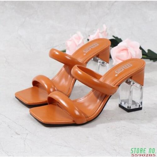 Summer Women Sandals Transparent Heels Square Toe Solid Color Fashion High-heeled Sandals Leather Concise Open Toe Sandals 2021