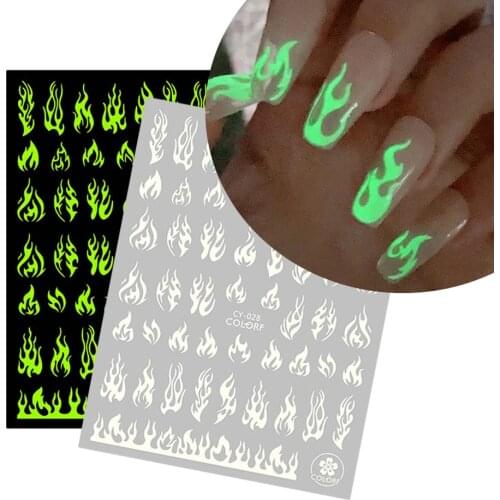 Luminous Fire Flame Nail Stickers Decor 3D Star Butterfly Design Glow In The Dark Decals Summer Manicure Slider Tips NTCY028-036