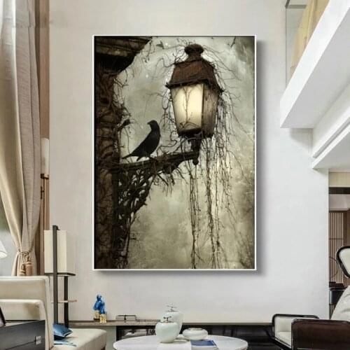 Vintage Canvas Painting Black Crow Wall Lamp Poster and Dark Gothic Art Pattern As A Picture To Decorate The Home Living Room