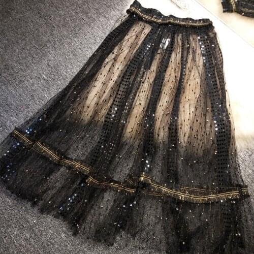 Female New Black skirts sequins beads fairy long tall waist skirt in white gauze skirt insight joining together