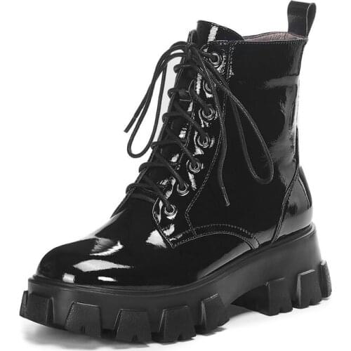 Classic Design Genuine Leather Female Ankle Boots Leather Platform Warm Thick Heels Pumps Party Casual Shoes Woman