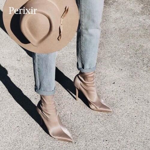 Perixir Design Women Ankle Sock Boots Stretch Fabric Pointed Toe Thin Heel Short Plush Footwear New Arrival Fashion Lady Shoes