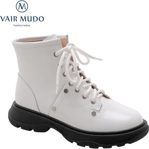 VAIR MUDO Women Ankle Boots Spring Autumn Martin Boots Elegant Fashion Black White Lace Up Thick Bottom Round Toe Boot ladyWM-44