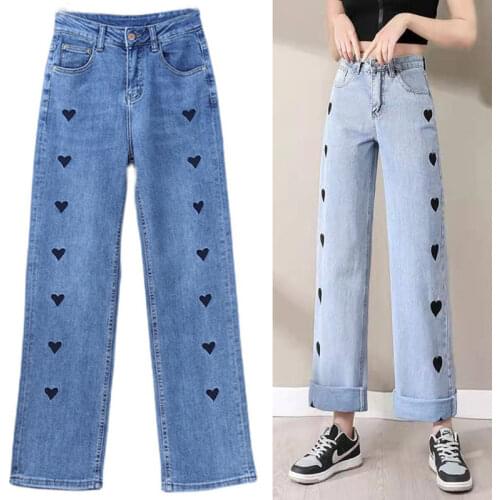 Plus Size Woman Vintage Loose Long Trousers Female Street Denim Pants Love Embroidery Straight Jeans