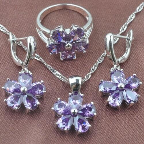 Purple Zirconia Flower Design Womens Silver Color Jewelry Sets Necklace Pendant Earrings Ring Free Shipping TZ0250