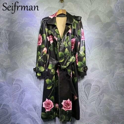 Seifrmann Autumn Women Fashion Designer Trench Coat Bow Sashes Rose Floral Print Long Sleeve Elegant Ladies Loose Coats Overcoat