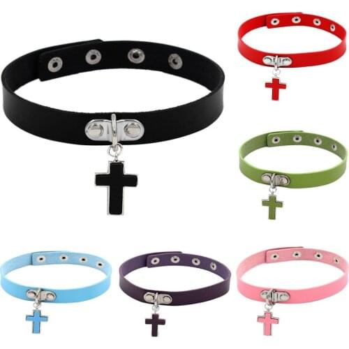 2021 Cross Spike Choker Gothic PU Leather Cross Necklace Women Collar Necklace Rock Goth Chocker Necklaces Statement Jewelry