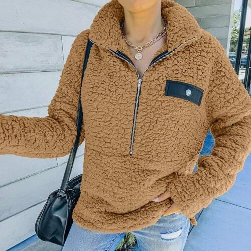 Women’S Turtleneck Lamb Wool Coat Fashion Soft Comfortable V-Neck Zipper Pullover Jacket Female Autumn Winter Casual Tops