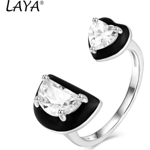 Laya Silver Open Ring For Women Pure 925 Sterling Silver Heart-shaped Moon-shaped Created Crystal Glass Black Enamel Jewelry