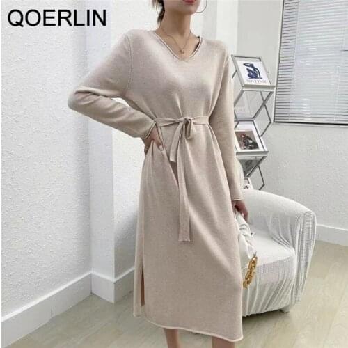 QOERLIN Sashes Side Split Women Knitted Sweater Dress Autumn Basic Dresses Elegant Midi Dress Sexy V Neck Knitwear Robe Ladies