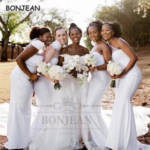 2021 White Bridesmaid Dresses One Shoulder Flower Black Gilrs Mermaid Floor Length Elastic Satin South African Bridesmaid Dress