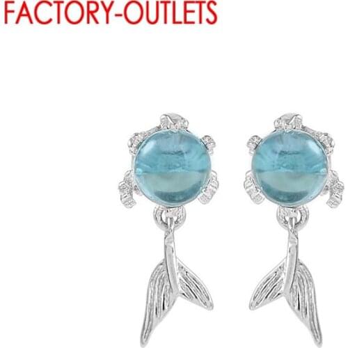 Genuine 925 Sterling Silver Wedding Christmas New Years Ear Hoops For Women Blue Bubble Fish Tail Earrings Fashion Jewelry