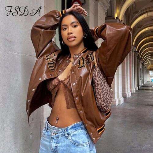 FSDA 2021 Letter Embroidery PU Leather Baseball Jackets Varsity Women Brown Autumn Winter Oversized Coat Bombe Fashion Loose