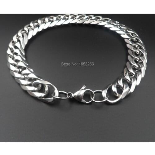 12mm 8.8'' stainless steel Smooth Double Curb Link Chain Bracelet Bangle Mens Jewelry