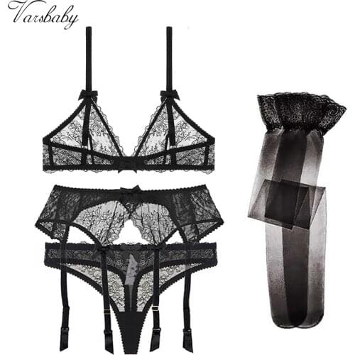 Varsbaby new arrival sexy lace transparent unlined deep V underwear set bra+thongs+garters+stockings 4 pcs